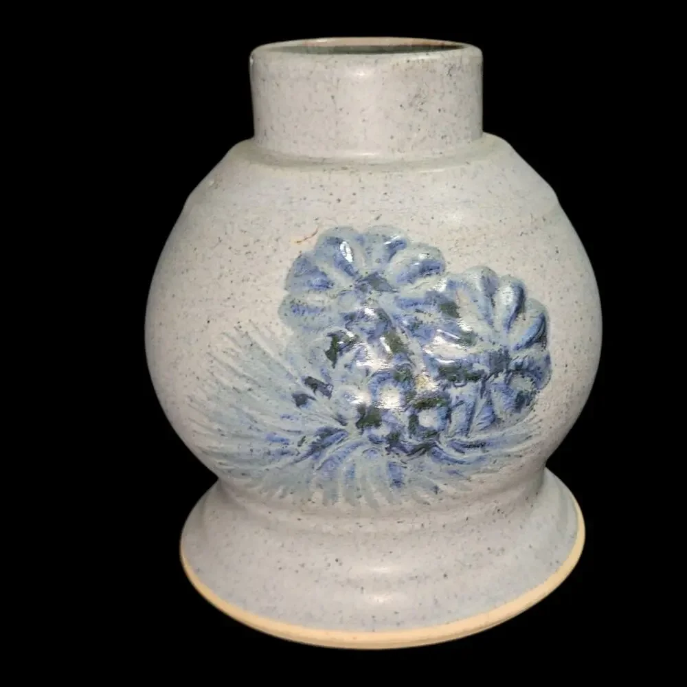 Dekrech Originals Handcrafted Stoneware Vase Blue Floral Relief Vintage MCM